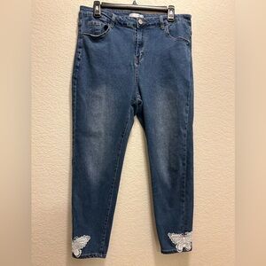 Rose Gal Preloved women’s Jeans with Butterflies of Lace, Size 14